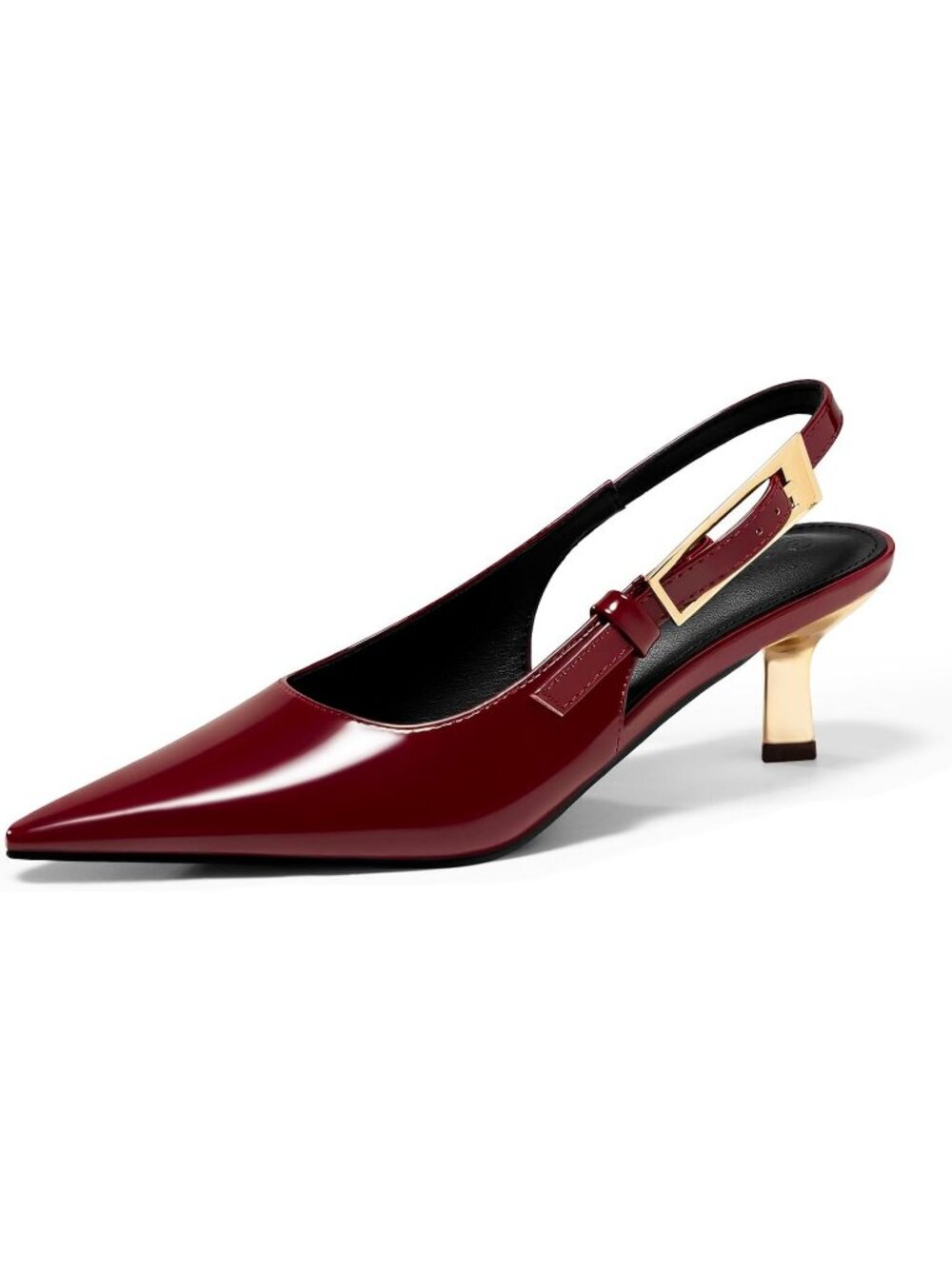 Women's Burgundy Slingback Kitten Heels Closed Pointed Toe Buckle Strap Pumps